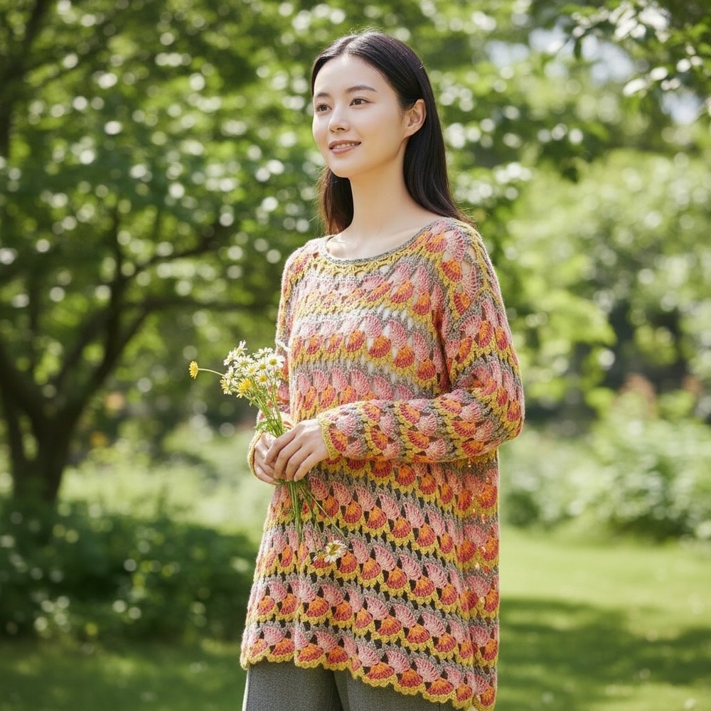 Free People Crochet Sweater Women M Multi Shell Knit Boho Cottagecore 70s